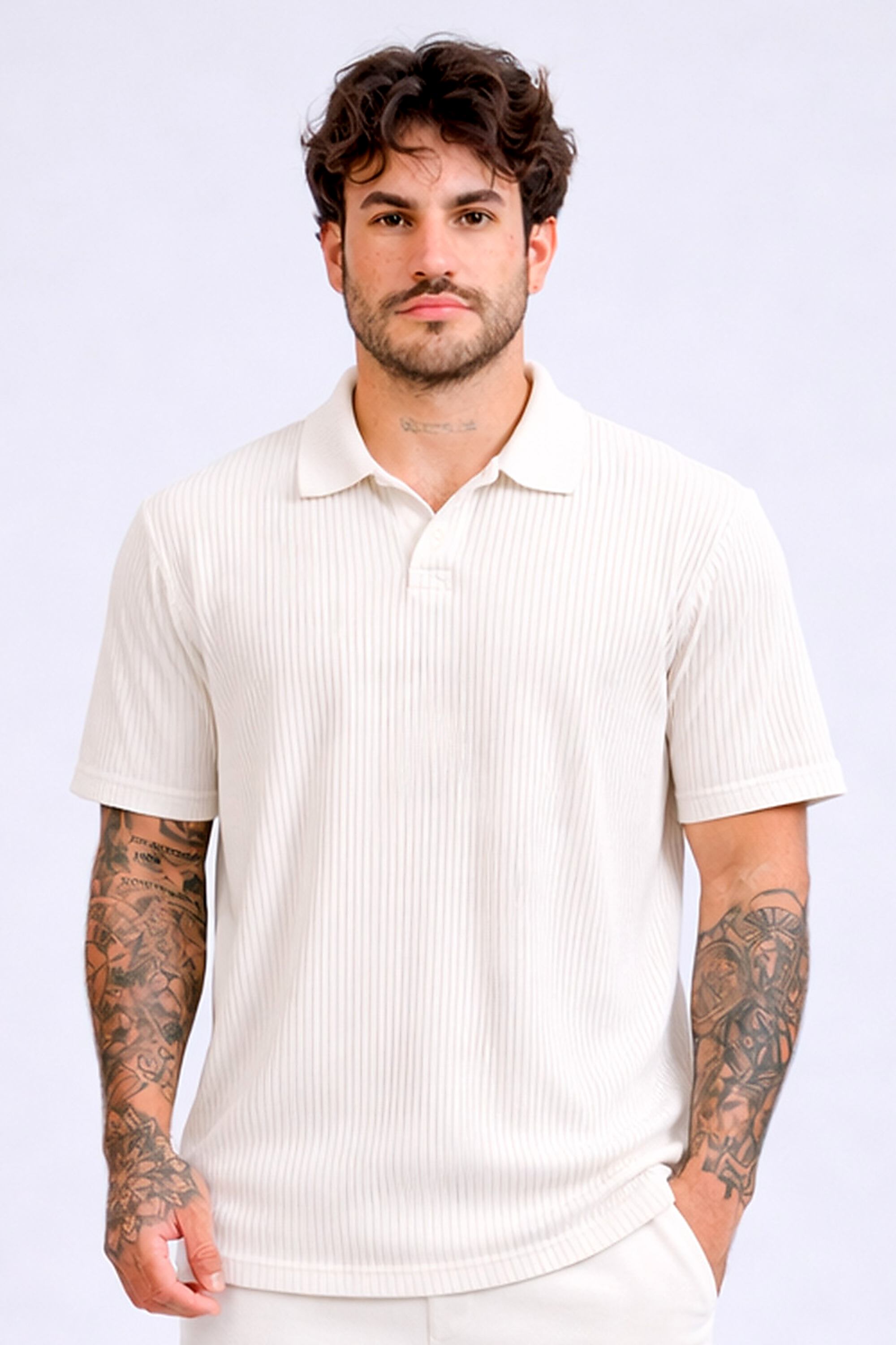 トップス LIDNM Te/Ca Milled Light Polo Polo Linear Creme | Outlet4u